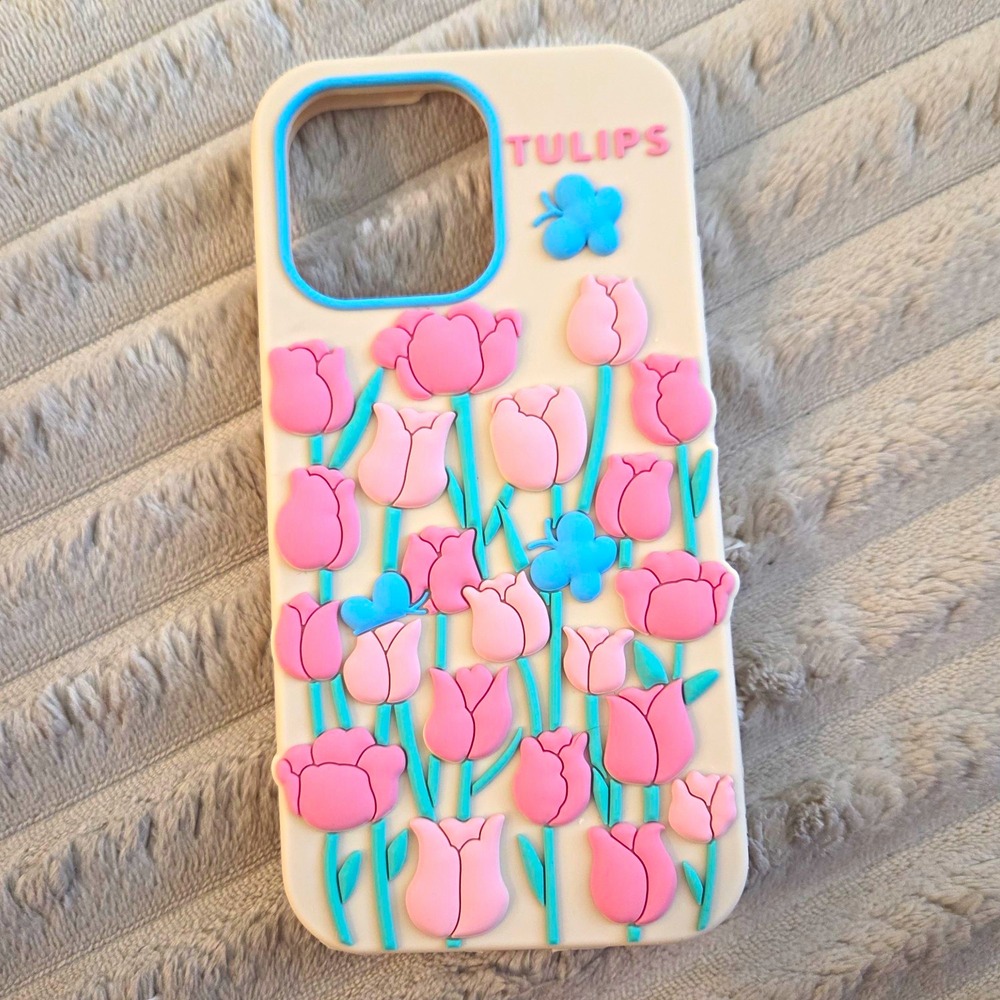 3D Tulips Floral butterfly Silicone Case for iPhone 14  Pro Max / 15 Pro Max